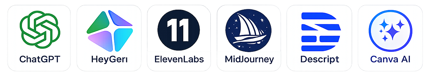 Tools: ChatGPT, HeyGen, ElevenLabs, Midjourney, Descript, Canva AI