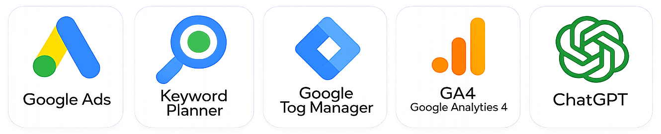 Tools: Google Ads, Keyword Planner, Google Tag Manager, GA4, ChatGPT
