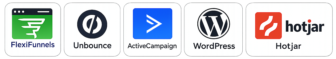 Tools: FlexiFunnels, Unbounce, ActiveCampaign, WordPress, Hotjar